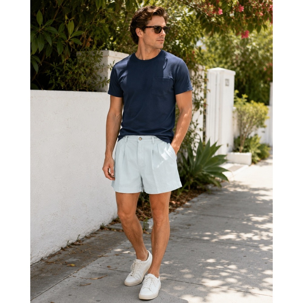 PATAGONIA White Label VTG 90s Pleated Cotton Outdoor 6" Shorts Pale Blue Mens 34